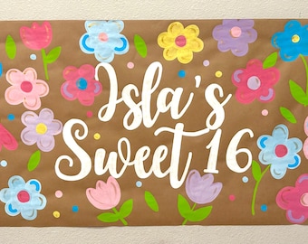 Handmålad blommig födelsedagsbanderoll: Anpassad brun pappersdekoration för Sweet Sixteen