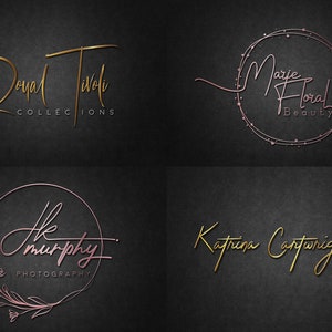 May include: Four distinct logo designs on a dark textured background. Top left: gold script text Royal Tivoli Collections. Top right: rose gold script Marie Floral Beauty in a circular frame. Bottom left: rose gold script Hk murphy Photography in a floral circle. Bottom right: gold script Katrina Cartwright Photography with a camera icon.