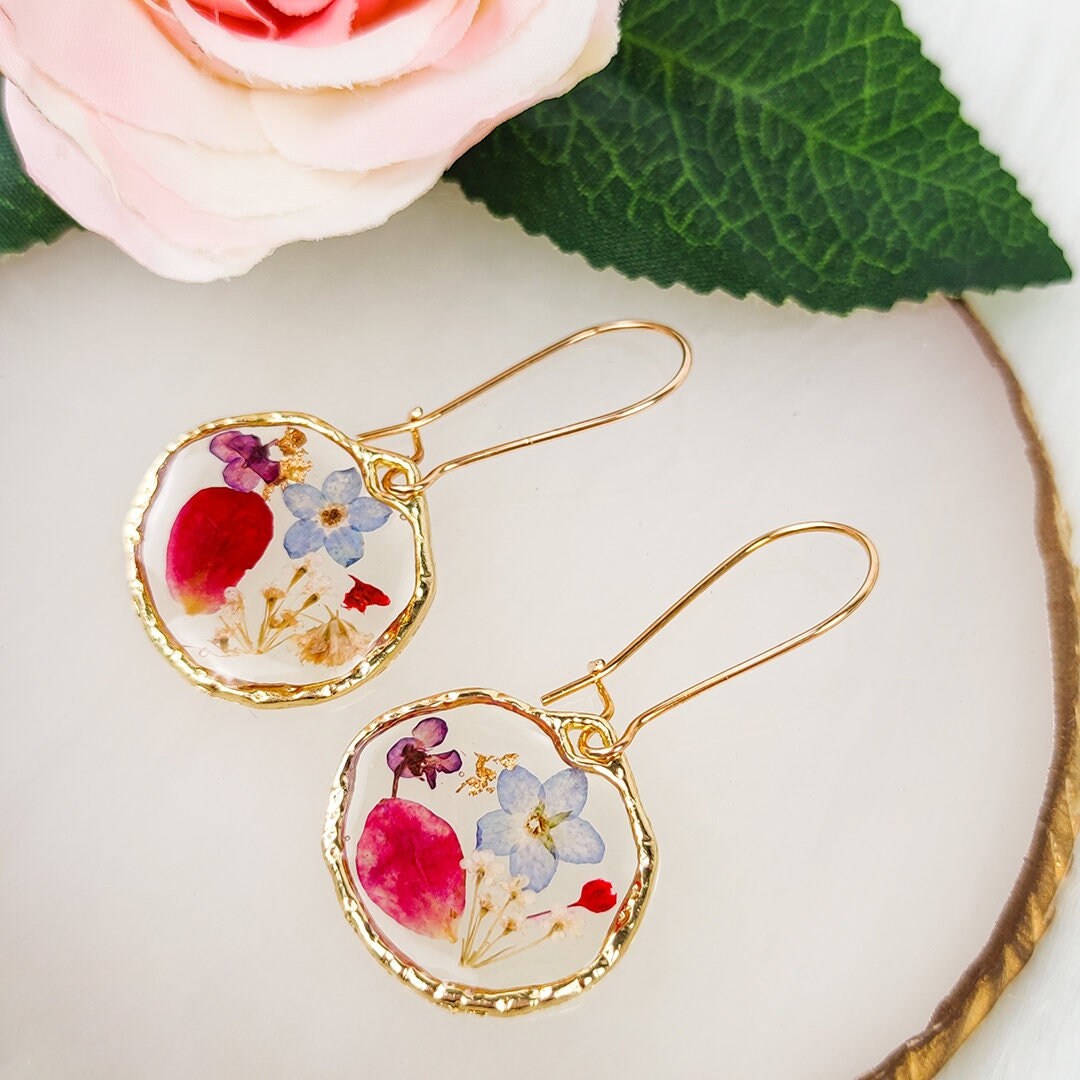 Dried Flower Handmade Earrings, Pressed Rose Earrings, Forget Me Not Earrings, Real Resin Flower , Botanical Jewelry