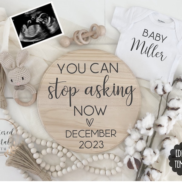 Digital pregnancy announcement, you can stop asking now, editable pregnancy reveal for social media, baby reveal, neutral announcement, boho