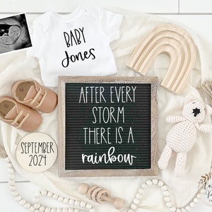 Rainbow baby digital pregnancy announcement, gender neutral digital pregnancy reveal, social media, after every storm there is a rainbow