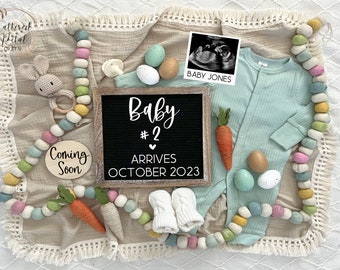 Second baby digital pregnancy announcement, baby #2, baby number two, Easter baby announcement for social media spring baby reveal last baby