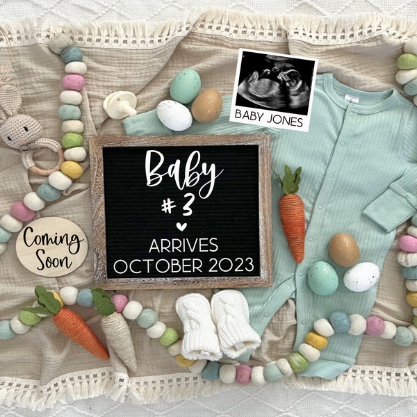 Third baby digital pregnancy announcement, baby #3, baby number three, Easter baby announcement social media, spring baby reveal last baby