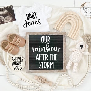 Rainbow baby digital pregnancy announcement, pregnancy reveal, gender neutral, social media, rainbow after the storm, baby reveal