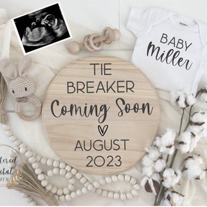 Tie breaker digital pregnancy announcement, neutral baby announcement, pregnancy reveal for social media, grand finale, baby reveal