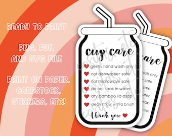 Glass Can Cup Care, Print and Cut Care Card, Care Card Instant Download, PNG Glass Can Care, Libbey Can Glass Care Instructions,Tumbler Care