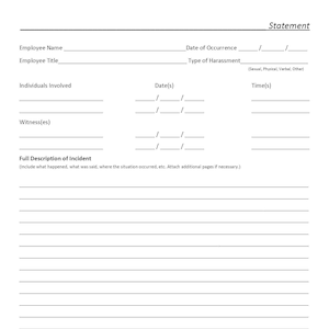 Może przedstawiać: Biały dokument zatytułowany „Oświadczenie” z polami do wypełnienia dla informacji o pracowniku, szczegółów incydentu i podpisów. Zawiera linie na daty, godziny oraz pełny opis incydentu.