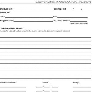 Może przedstawiać: Pusty formularz do dokumentowania domniemanego aktu molestowania. Formularz zawiera sekcje dla imienia i nazwiska pracownika, zgłoszone do, domniemanego sprawcy, daty zgłoszenia, tytułu, rodzaju molestowania, pełnego opisu incydentu, osób zaangażowanych, daty(y), godziny(y), świadka(ów), podpisu pracownika, podpisu kierownika i podpisu działu HR.