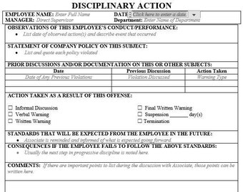 Editable Disciplinary Action Form Template (Fillable)