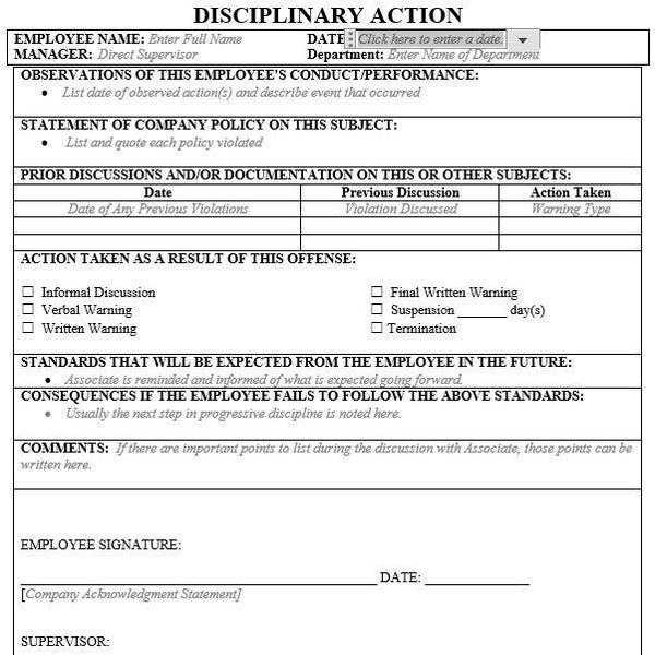 Fillable and editable Disciplinary action document template; can be used as a script when delivering to employee.