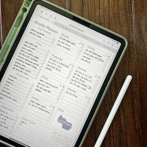 May include: A weekly planner on a tablet with a green case. The planner has sections for Monday through Sunday, with space for to-do lists, grocery lists, assignments, habit trackers, and notes. The planner also includes a sticker that says "Weekend".