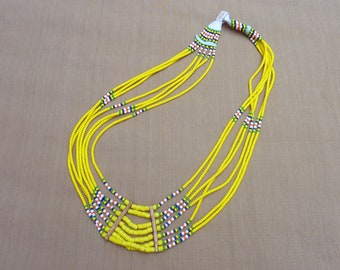 Large ethnic necklace with bright yellow plastron, made of small beads and wood - rare and great looking piece