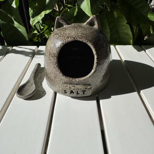 Op de afbeelding: Een keramische zoutvaas in de vorm van een kattenkop met een klein lepeltje. De vaas is gespikkeld met bruine en grijze glazuur en heeft het woord "SALT" op de voorkant.