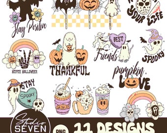 May include: A collection of 11 Halloween-themed PNG designs. The designs include ghosts, pumpkins, bats, and phrases like "Sweet & Spooky," "Run for Your Life," and "Thankful." The designs are in a retro, cartoon style with a variety of colors.