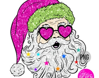 Santa with sunglasses png, Christmas png, sublimation, sparkly glitter, stars, heart, holiday png, pink, cute christmas shirt, gift, diy