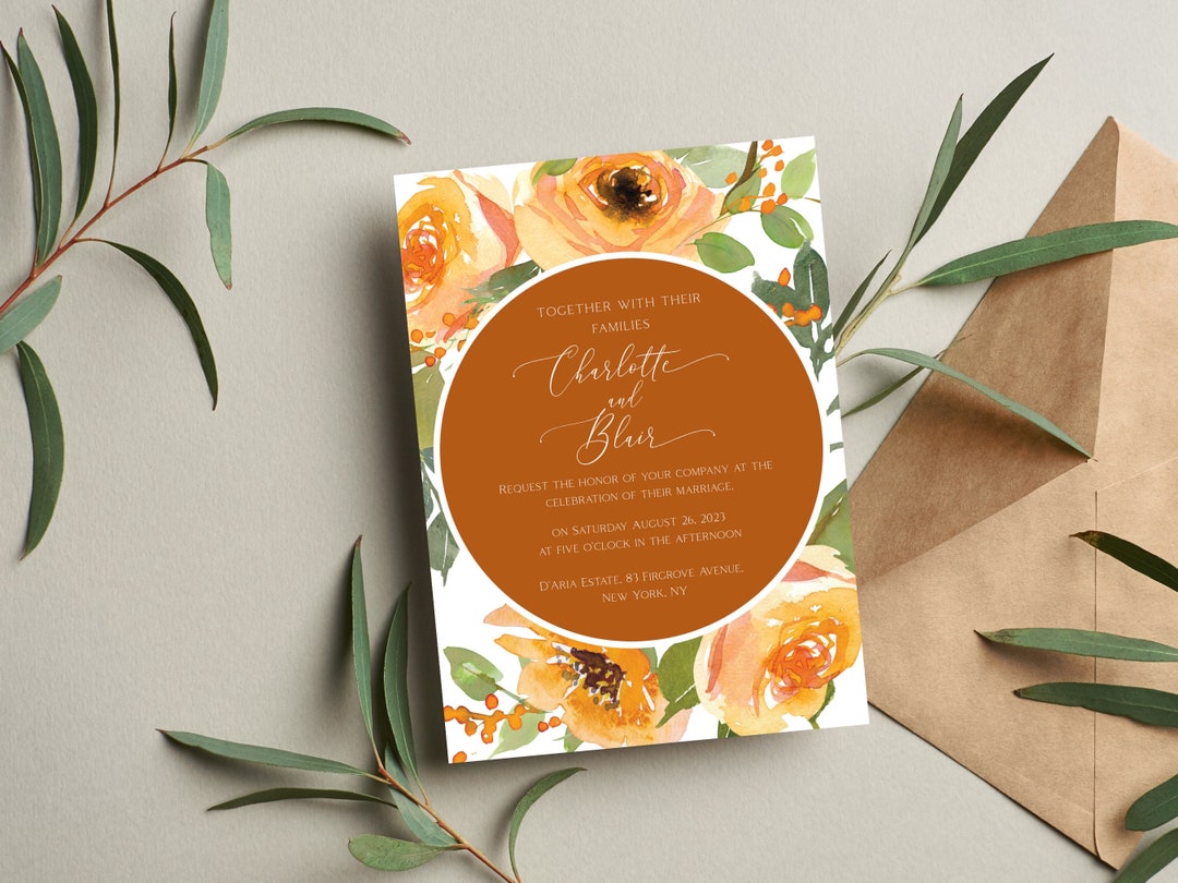Orange Floral Wedding Invitation Template Terracotta Wedding Etsy
