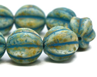 12mm, Czech Glass Beads, Melon Turquoise and Honey with Turquoise Wash, 15 Beads