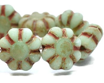 9mm, Cactus Flower, Sage with Picasso Finish, Czech Glass Beads, 25 Beads