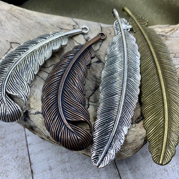 106mm, Large Metal Feather Pendants, Antique Silver, Bronze, Copper