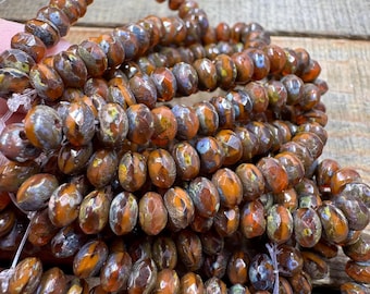 Rondelle Orange with Picasso Finish Faceted Czech Glass Beads 5x3mm (30 Beads)