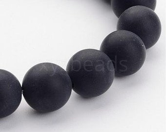 10mm Matte Black Agate Beads, Frosted Round, 16 Inch Strand