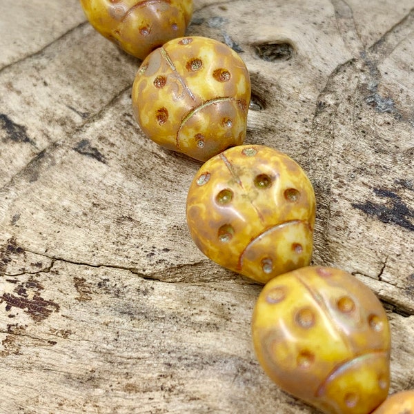 11x13mm, Czech Glass Beads,  Vintage, Lady Bug Beads, Light Yellow With Dark Picasso Finish, 3 Beads