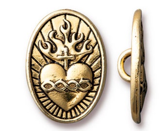 TierraCast, 18.57x13.16mm, Sacred Heart Button, Antiqued Gold Plate, 1 piece