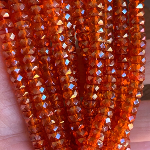 6mm, Czech Glass Beads, Rondelles, Vintage, Faceted Orange, AB  Finish, 50 Beads, 6.5 Inch Strand