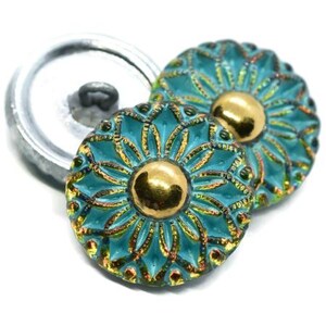 Czech Glass Flower Button, Gold Accents, Turquoise Wash (18mm)