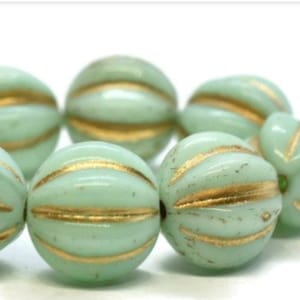 10mm, Czech Glass Beads, Melon, Mint with Gold Wash, 15 Beads