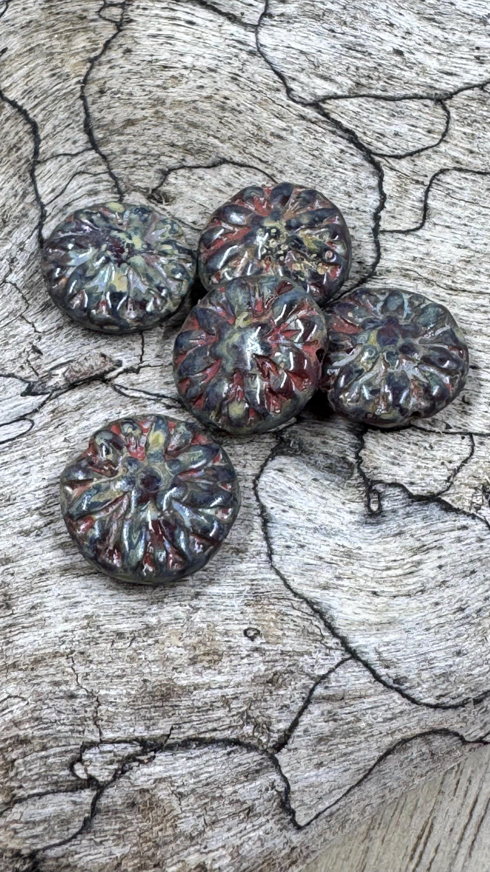 14mm, Premium Czech Glass, Dahlia Coin Beads, Gray Brown, Picasso, 5 Beads