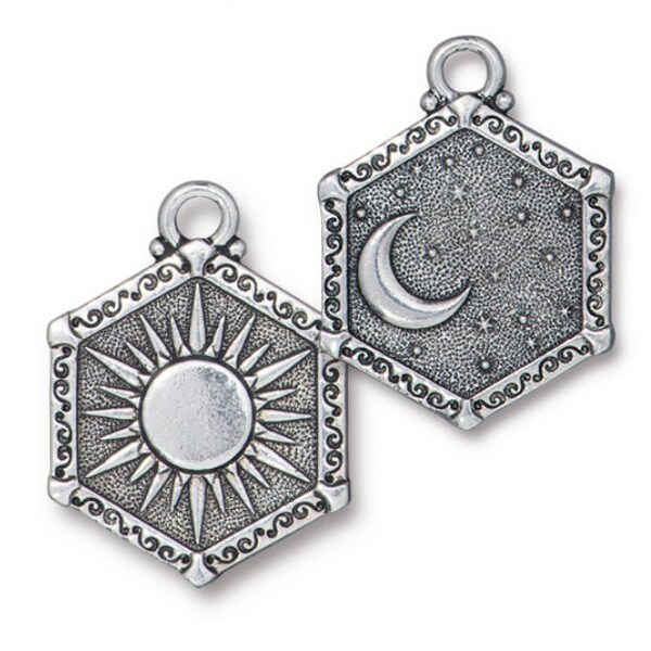 28.5x21.5mm, High Quality, TierraCast, Sun & Moon Pendant, Antiqued Silver Plate, 1 Piece