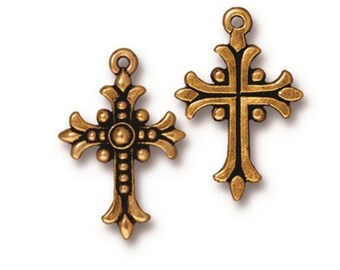 17.5x27.25mm, High Quality, TierraCast Fleur Cross Charm, Antiqued Gold Plate, 1 Piece