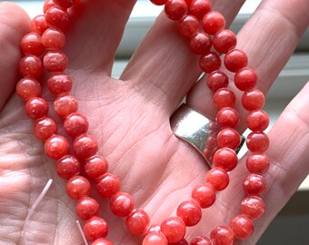 20 Perles En Jade Rouge Brique De 6mm - Perles De Pierre Naturelle Pour Création De Bijoux DIY