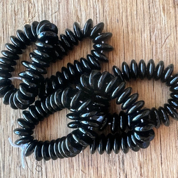 10mm, Czech Glass Disc Beads, Jet Black, Opaque, Spacer Beads, 25 Beads