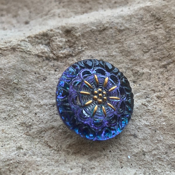 18mm, Premium Czech Glass Button, Round, Lacy Flower, Tanzanite Purple and Blue with Gold Paint, 1 Piece
