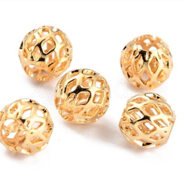 6.5mm, Round, Large Hole, Brass Filigree Beads, 24kt Plated, 20 Beads