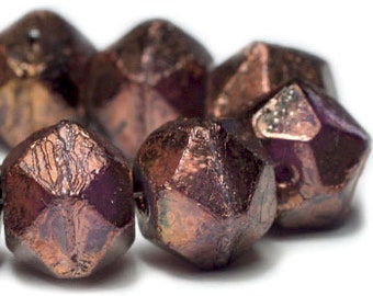 10mm, Czech Glass Beads, Faceted, English Cut Bronze With Purple Luster, 15 Beads