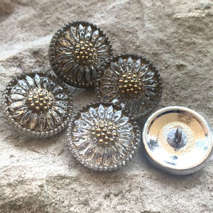 18mm, Premium Czech Glass Button, Round Sunflower Champagne with Gold Paint, 1 Piece