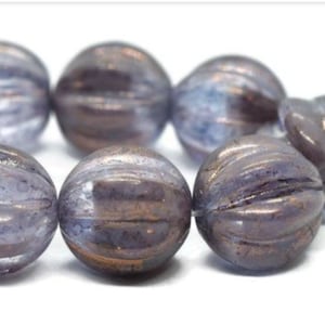 10mm, Premium Czech Glass, Melon Beads, Violet with a Golden Luster, 15 Beads