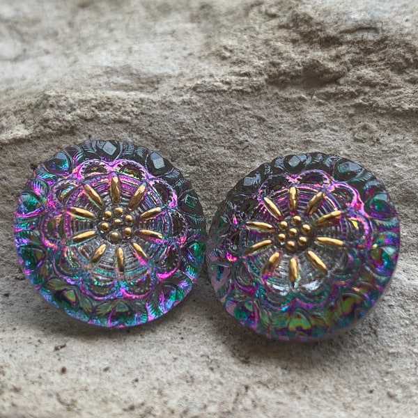 18mm, Premium Czech Glass Button, Round Sunflower Tanzanite Purple with Aqua Wash and Gold Paint, 1 Piece