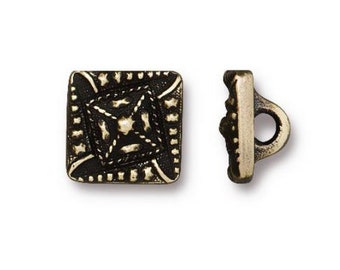 Oxidized Brass Geometric Square Button, Czech Inspired (10.5mm)