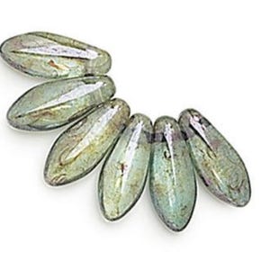 3x11mm, Premium Czech Glass, Very Light, Lumi Green, Side Drill, Glass Daggers, 25 Beads