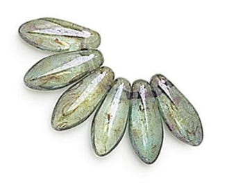 3x11mm, Premium Czech Glass, Very Light, Lumi Green, Side Drill, Glass Daggers, 25 Beads