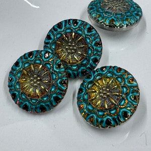 Czech Glass Button, Orange Gold Iridescent Aqua Wash, 18mm, Lacy Flower, 1 Piece
