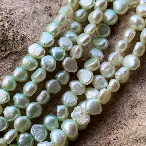 3x5mm, Pale Dyed Green Potato Pearls, 62 Beads, 14 Inch Strand