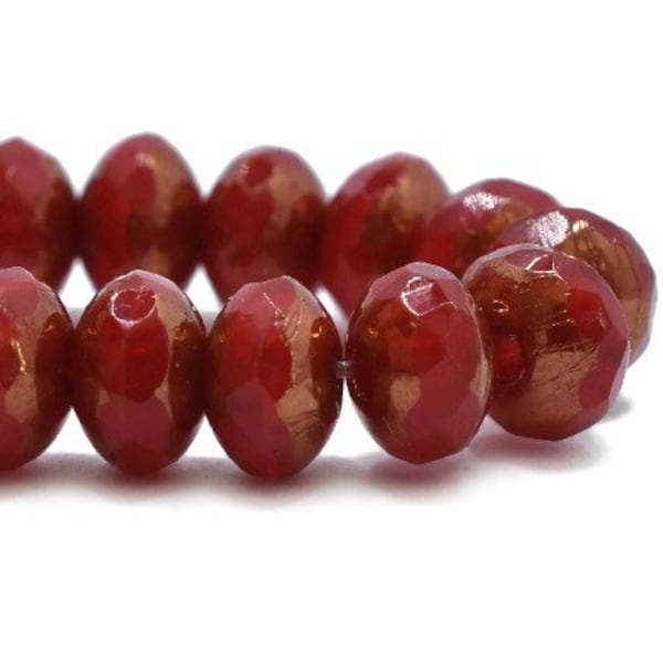 3x5mm, Czech Glass Faceted Rondelles, Dark Red with Bronze Finish, 30 Beads