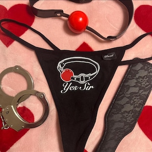 May include: A black thong with the text "Yes Sir" and a graphic of a ball gag. Also included are a red ball gag, a pair of handcuffs, and a black lace paddle. The items are on a pink background.