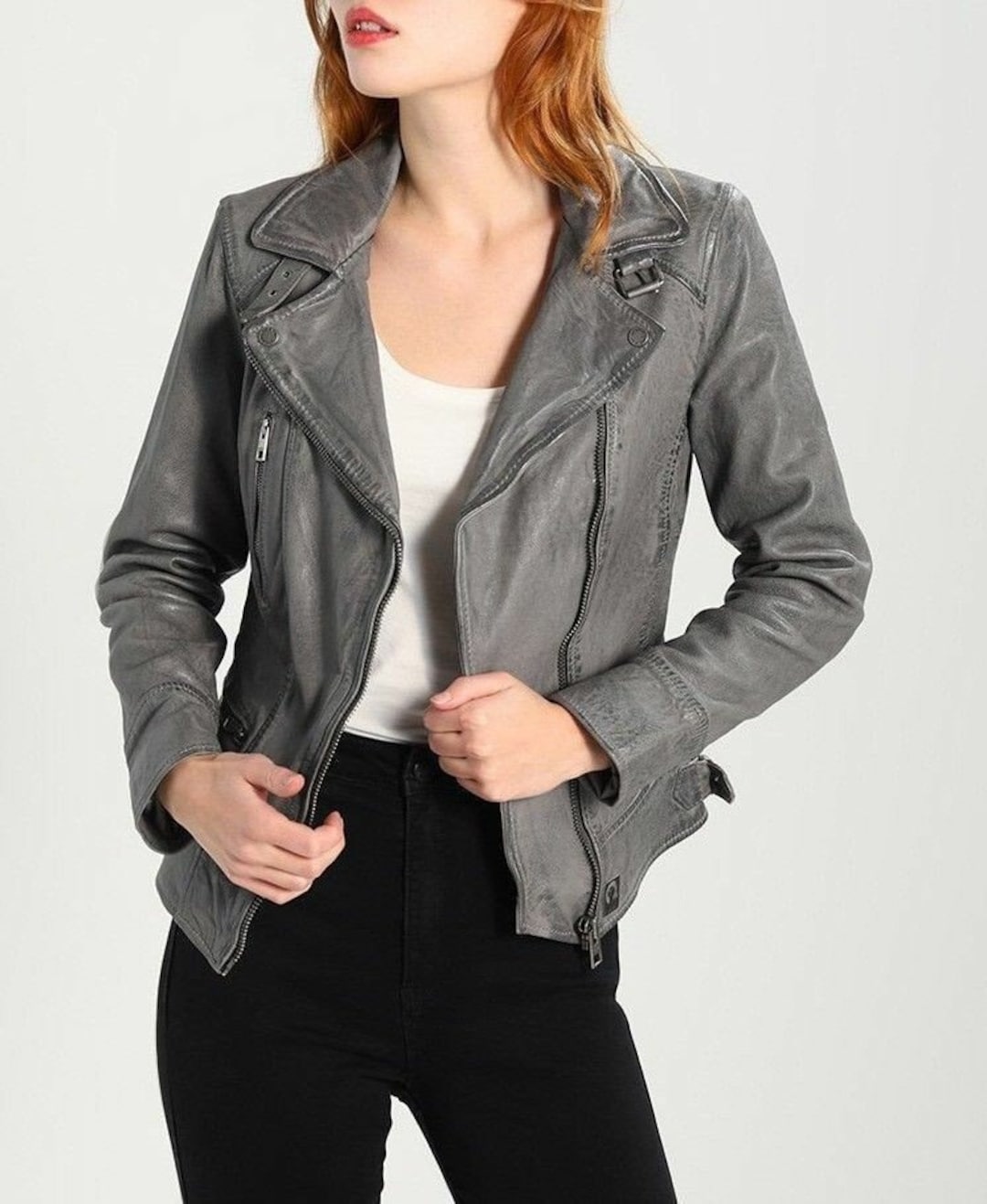 Real Leather Notched Collar Jacket for Women Gray Winter Etsy