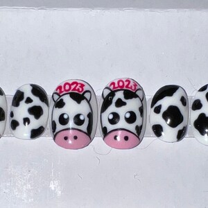 Happy Moo Year. Cow Print Nails. Length/Shape Long Coffin, Almond, Square. Fake Nails.